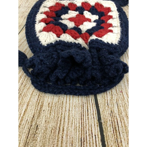Vtg Handmade Crochet Purse Granny Square Drawstring Fringe Red White Blue Boho - Picture 6 of 8